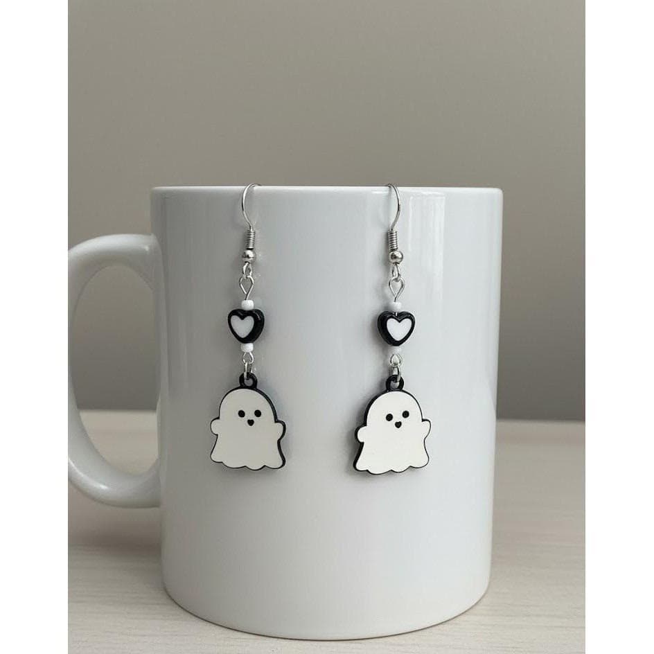 Cute Ghost Earrings Dangle Drop with Heart Kawaii Spooky Halloween Handmade - Thumbnail 5