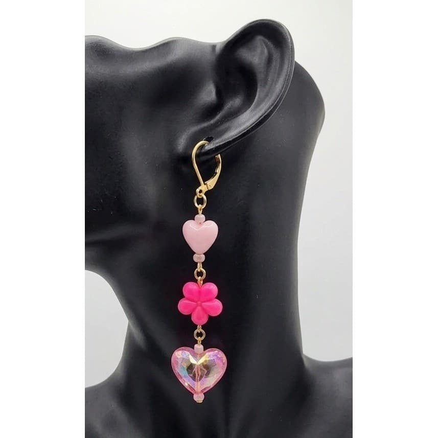 Handmade Earrings Gold Tone Pink Floral Heart Drop Dangle Leverback Kidcore - Thumbnail 2