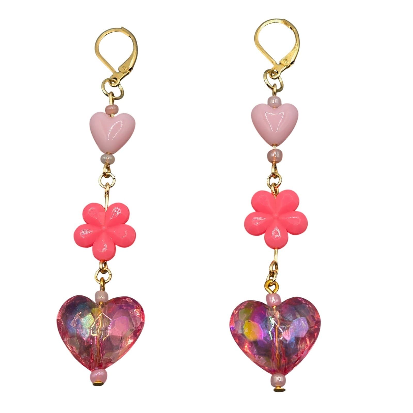 Handmade Earrings Gold Tone Pink Floral Heart Drop Dangle Leverback Kidcore - Thumbnail 5