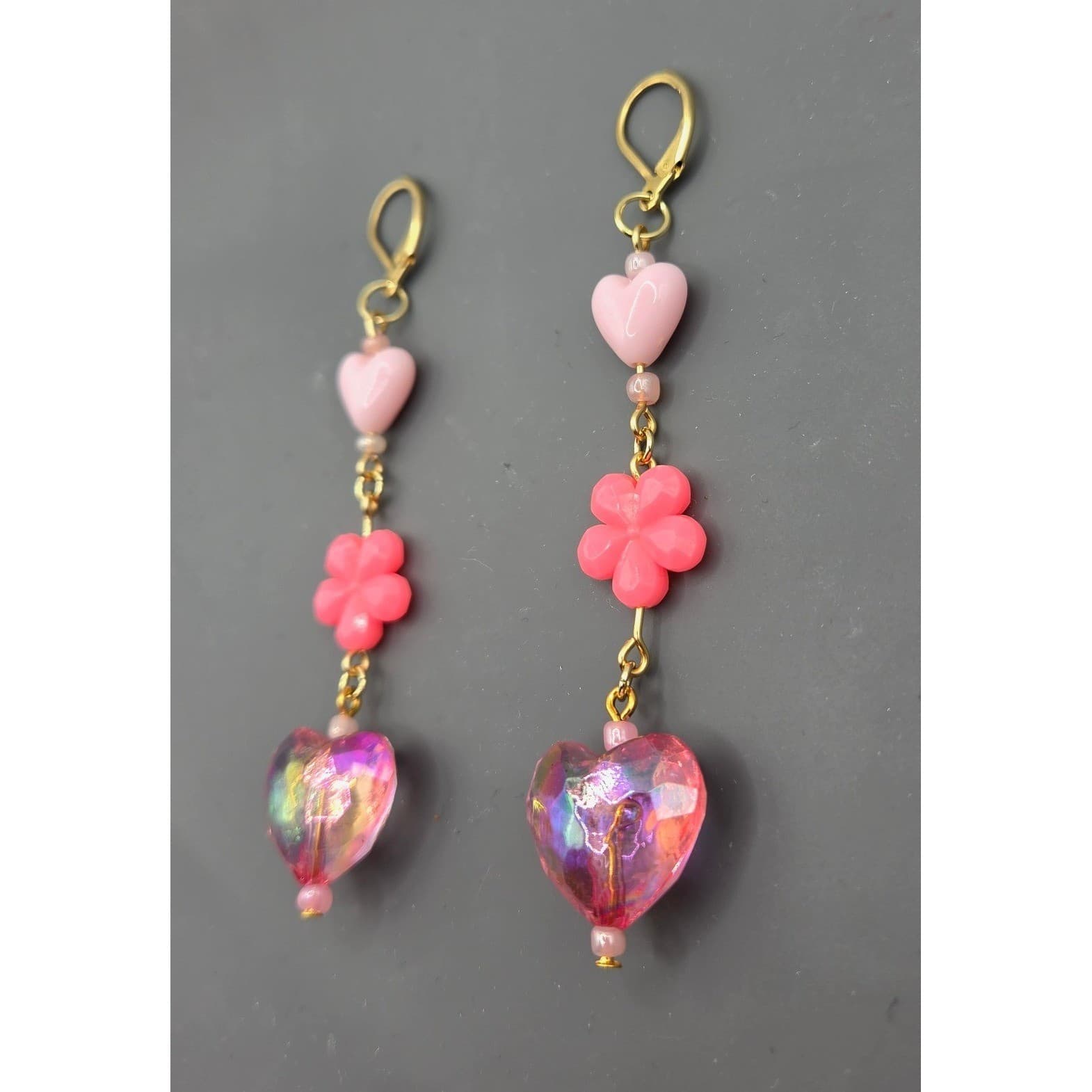Handmade Earrings Gold Tone Pink Floral Heart Drop Dangle Leverback Kidcore - Thumbnail 7
