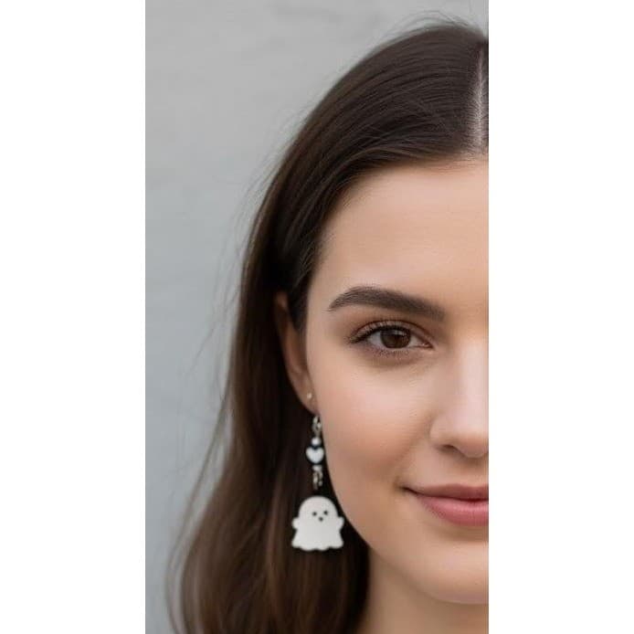 Cute Ghost Earrings Dangle Drop with Heart Kawaii Spooky Halloween Handmade - Thumbnail 4