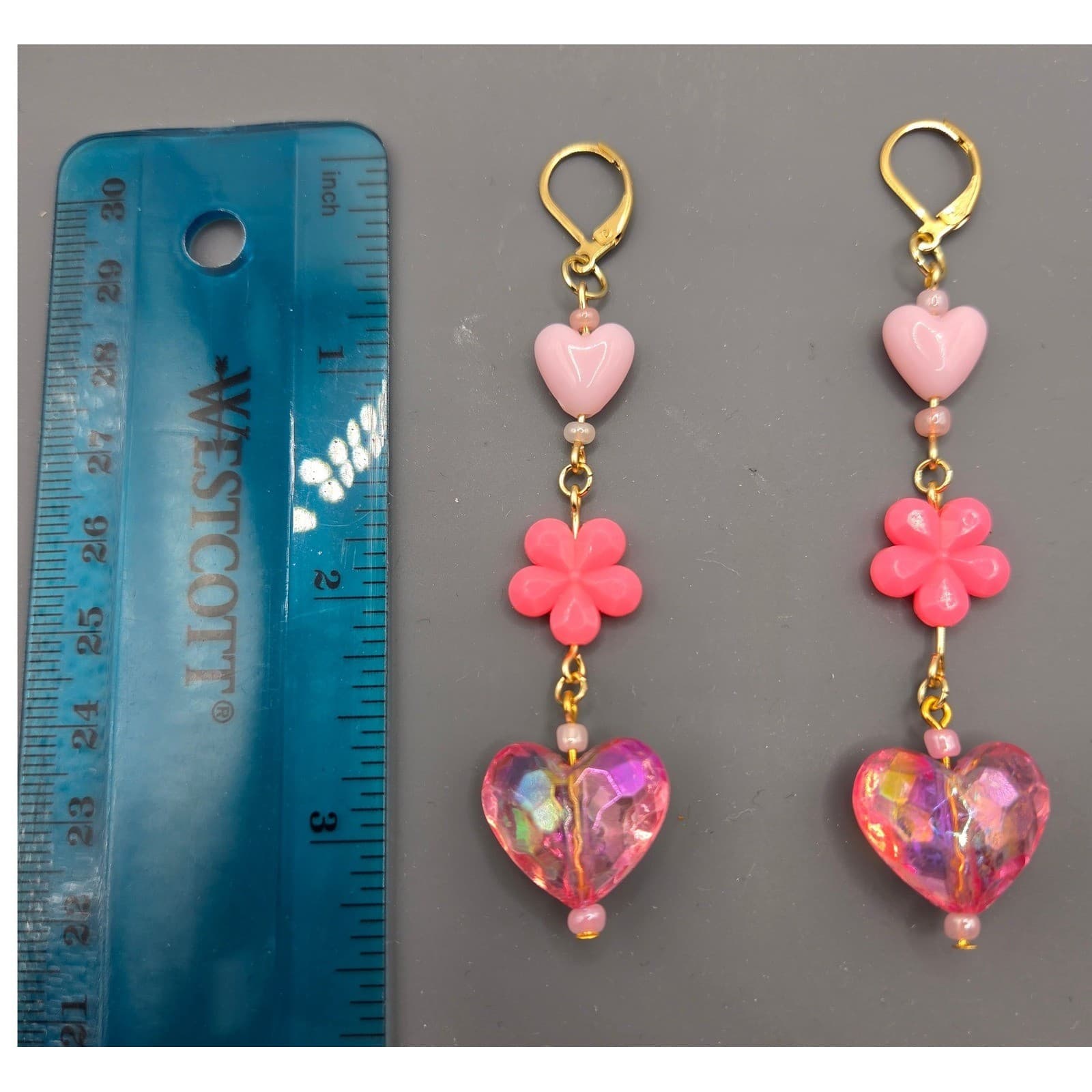 Handmade Earrings Gold Tone Pink Floral Heart Drop Dangle Leverback Kidcore - Thumbnail 6