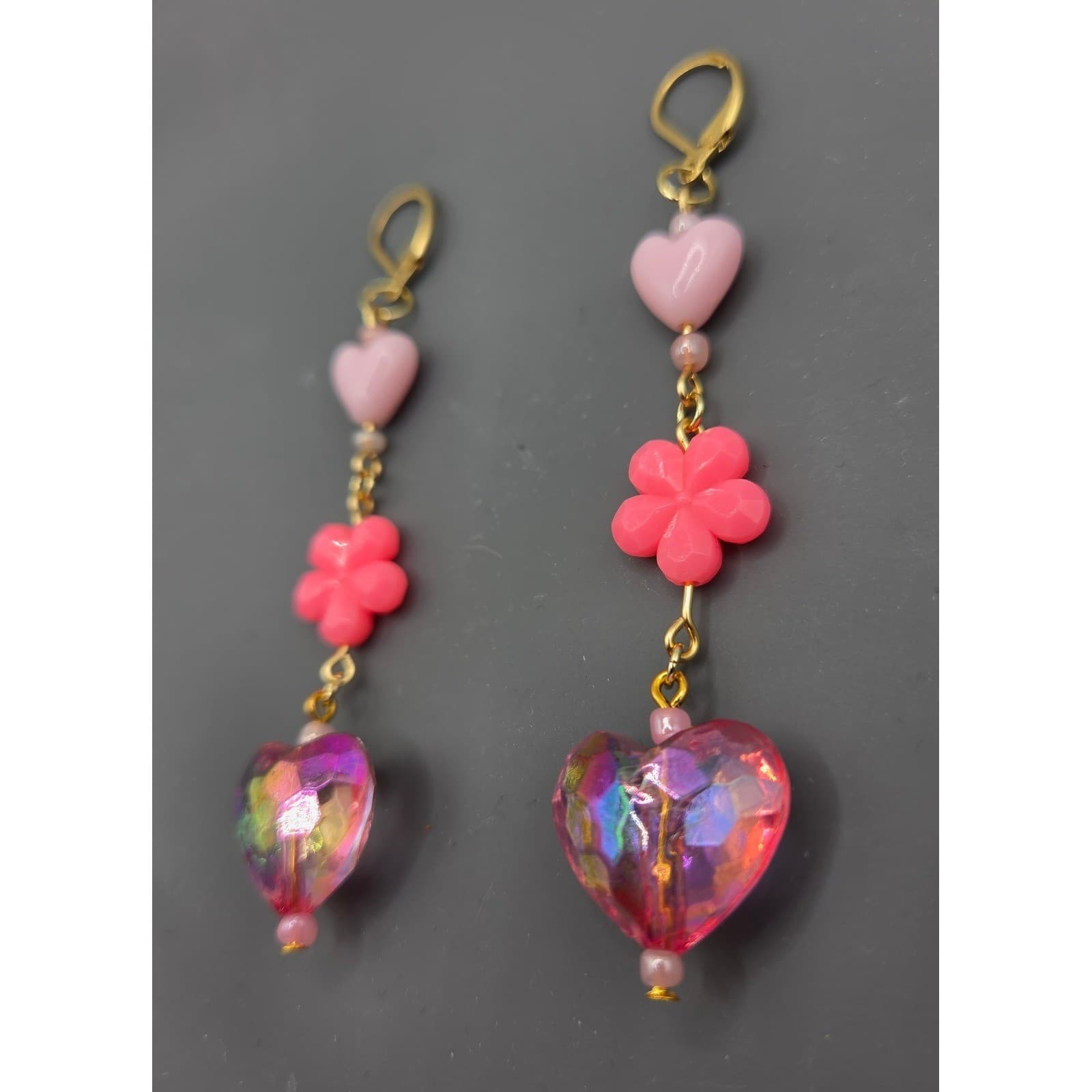 Handmade Earrings Gold Tone Pink Floral Heart Drop Dangle Leverback Kidcore - Thumbnail 3