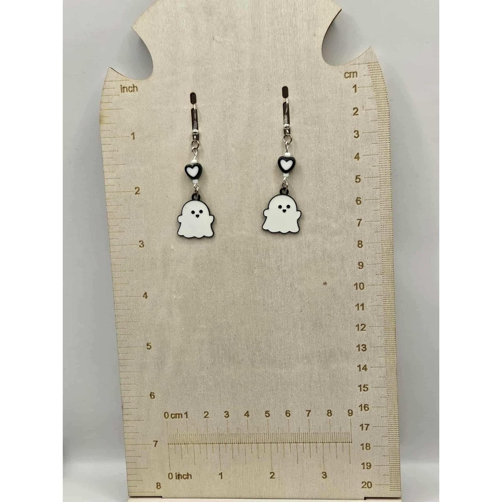 Cute Ghost Earrings Dangle Drop with Heart Kawaii Spooky Halloween Handmade - Thumbnail 3
