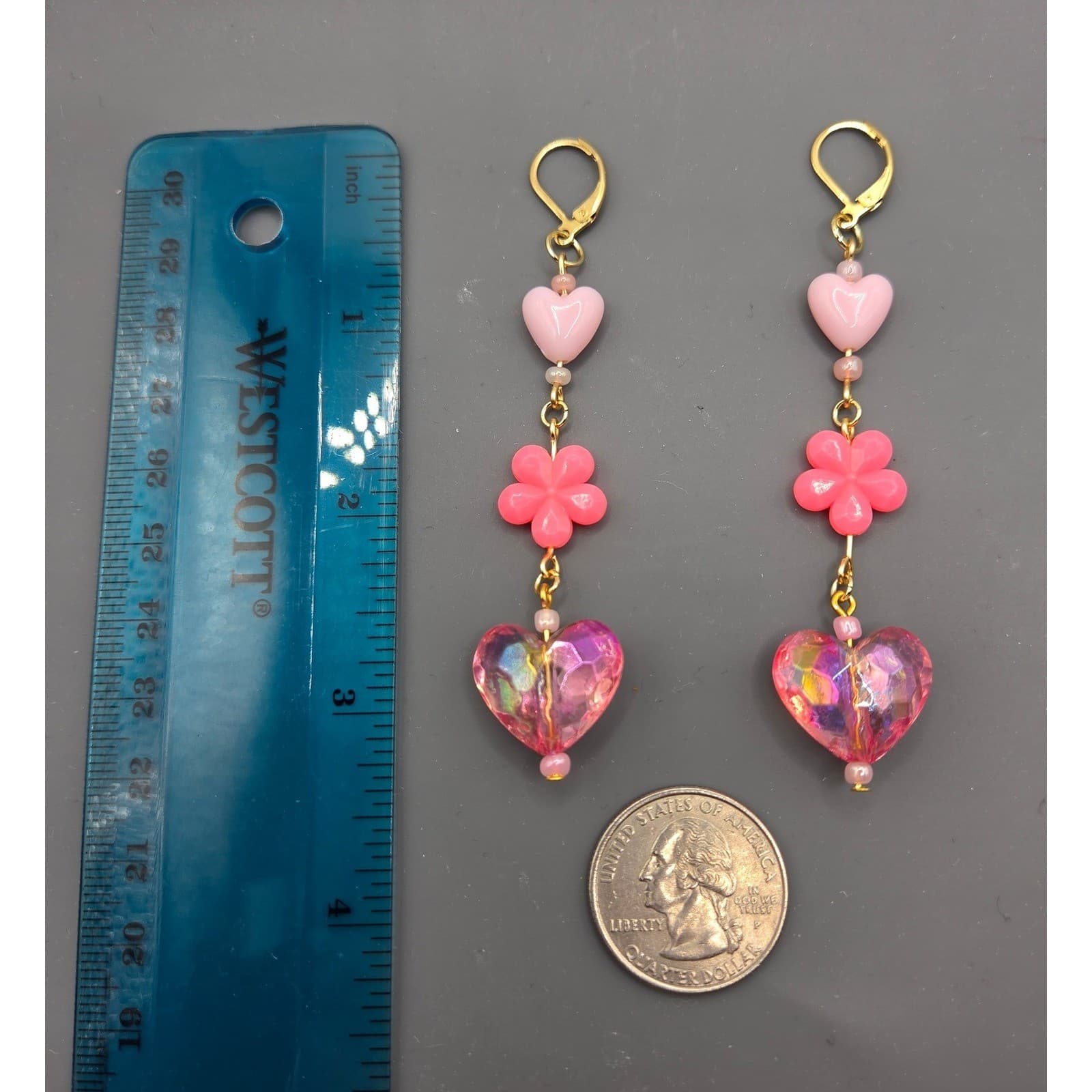 Handmade Earrings Gold Tone Pink Floral Heart Drop Dangle Leverback Kidcore - Thumbnail 4