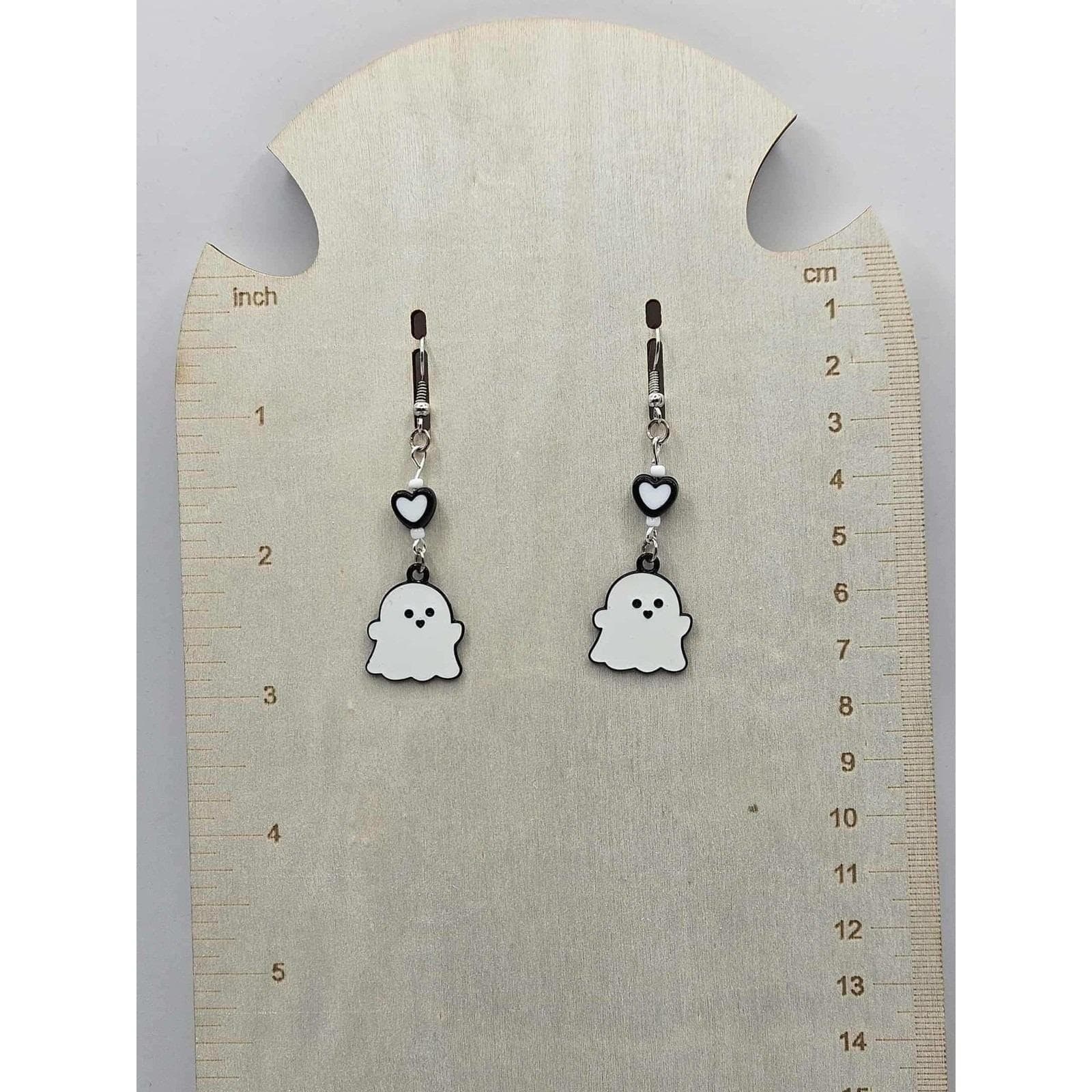 Cute Ghost Earrings Dangle Drop with Heart Kawaii Spooky Halloween Handmade - Thumbnail 2