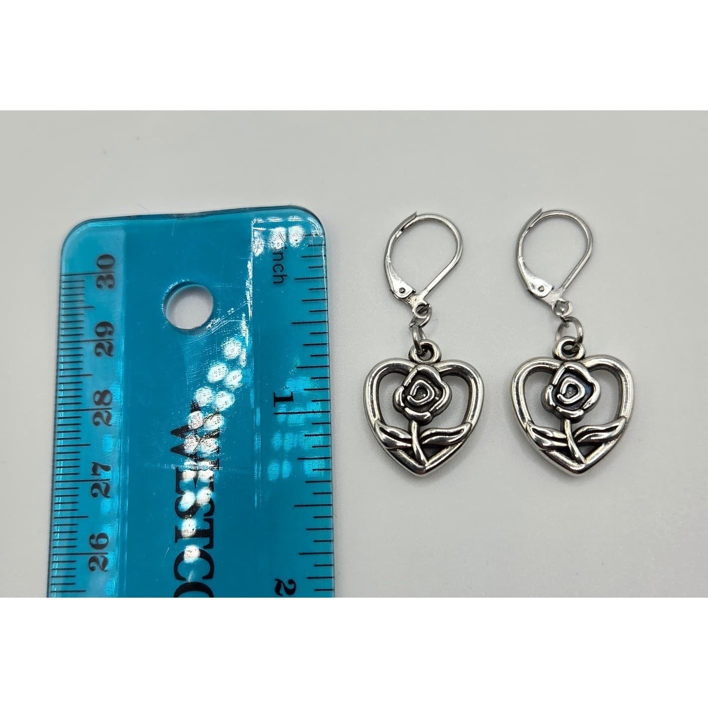 Handmade Earrings Silver Tone Romantic Heart Rose Leverback Hypoallergenic - Thumbnail 3