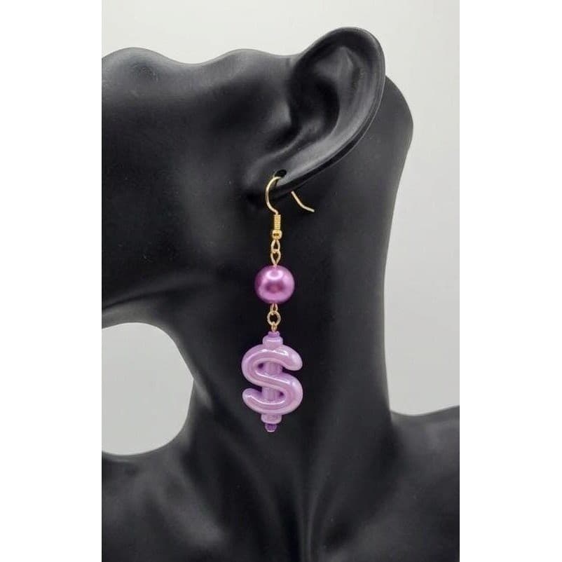 Handmade Earrings Purple Faux Pearl Money Sign Weird Drop Dangle Hypoallergenic - Thumbnail 2