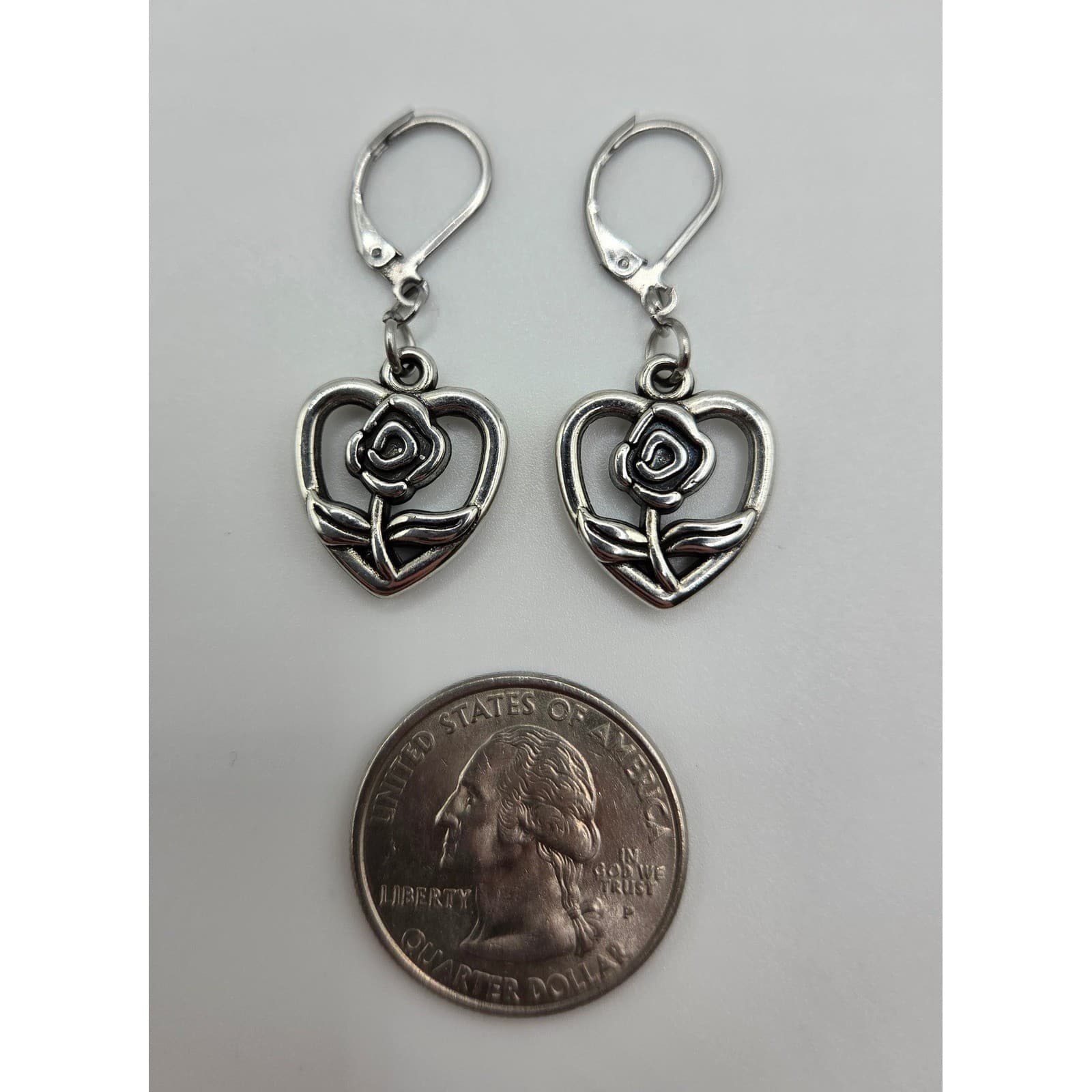 Handmade Earrings Silver Tone Romantic Heart Rose Leverback Hypoallergenic - Thumbnail 5