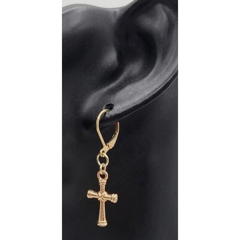 Handmade Earrings Gold Toned Cross Leverback Hypoallergenic # - Thumbnail 2