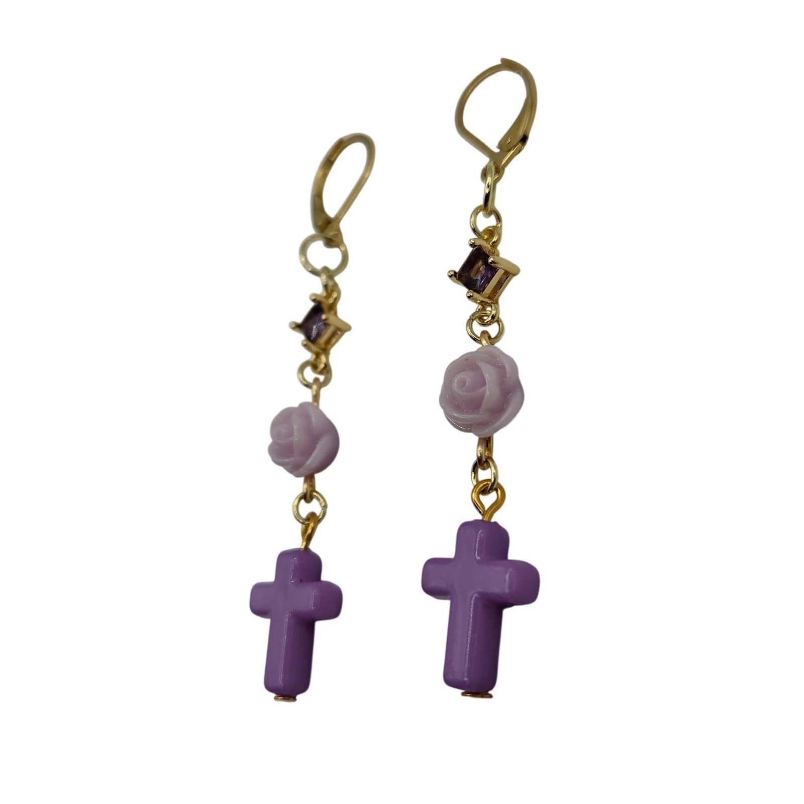 Handmade Earrings Gold Toned Purple Rose Cross Faux Gemstone Leverback Romantic - Thumbnail 2