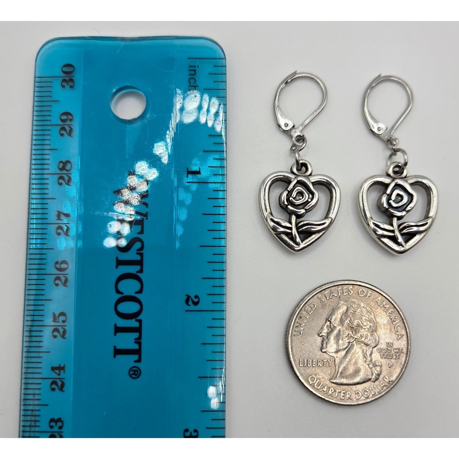 Handmade Earrings Silver Tone Romantic Heart Rose Leverback Hypoallergenic - Thumbnail 7