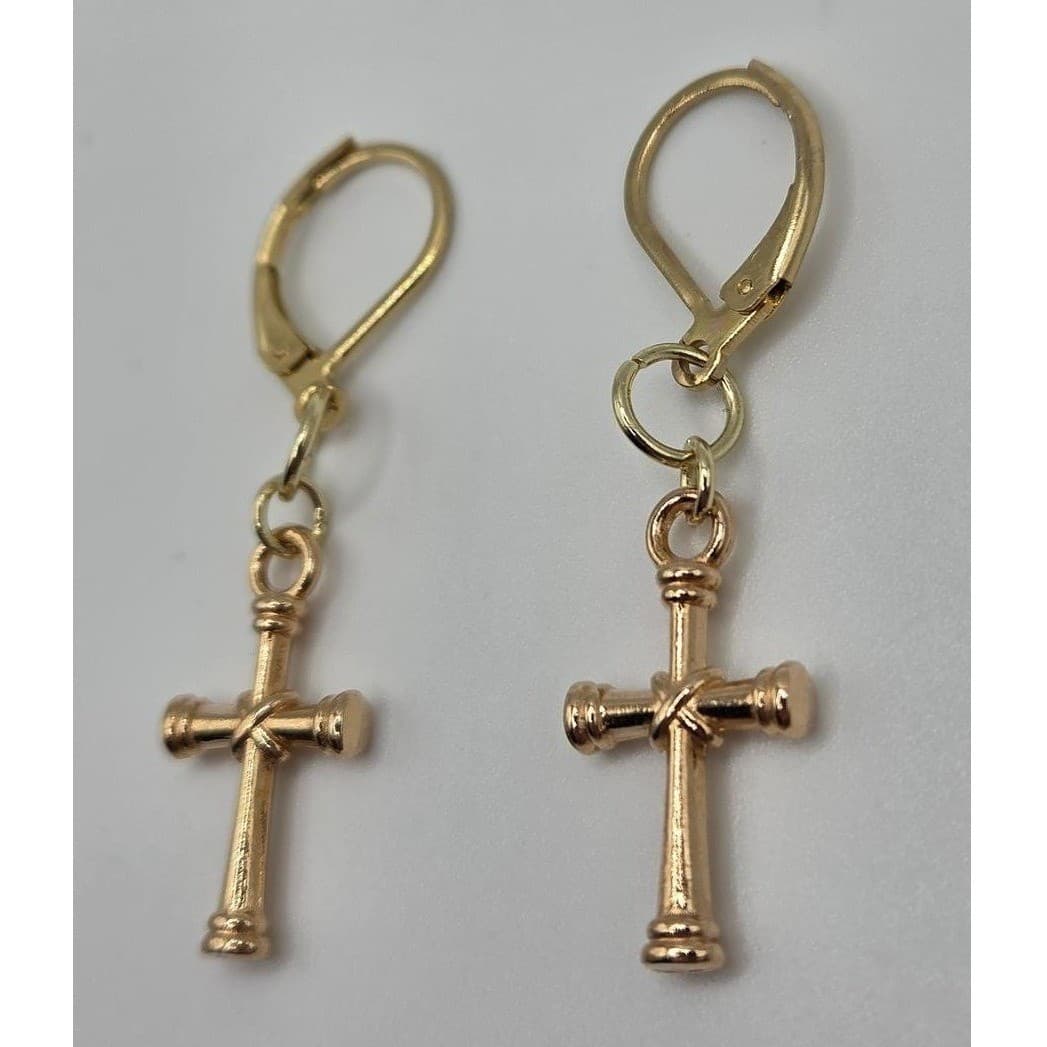 Handmade Earrings Gold Toned Cross Leverback Hypoallergenic # - Thumbnail 6