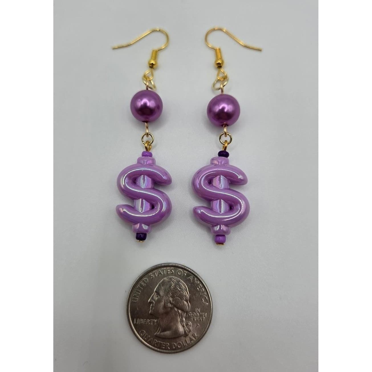 Handmade Earrings Purple Faux Pearl Money Sign Weird Drop Dangle Hypoallergenic - Thumbnail 8