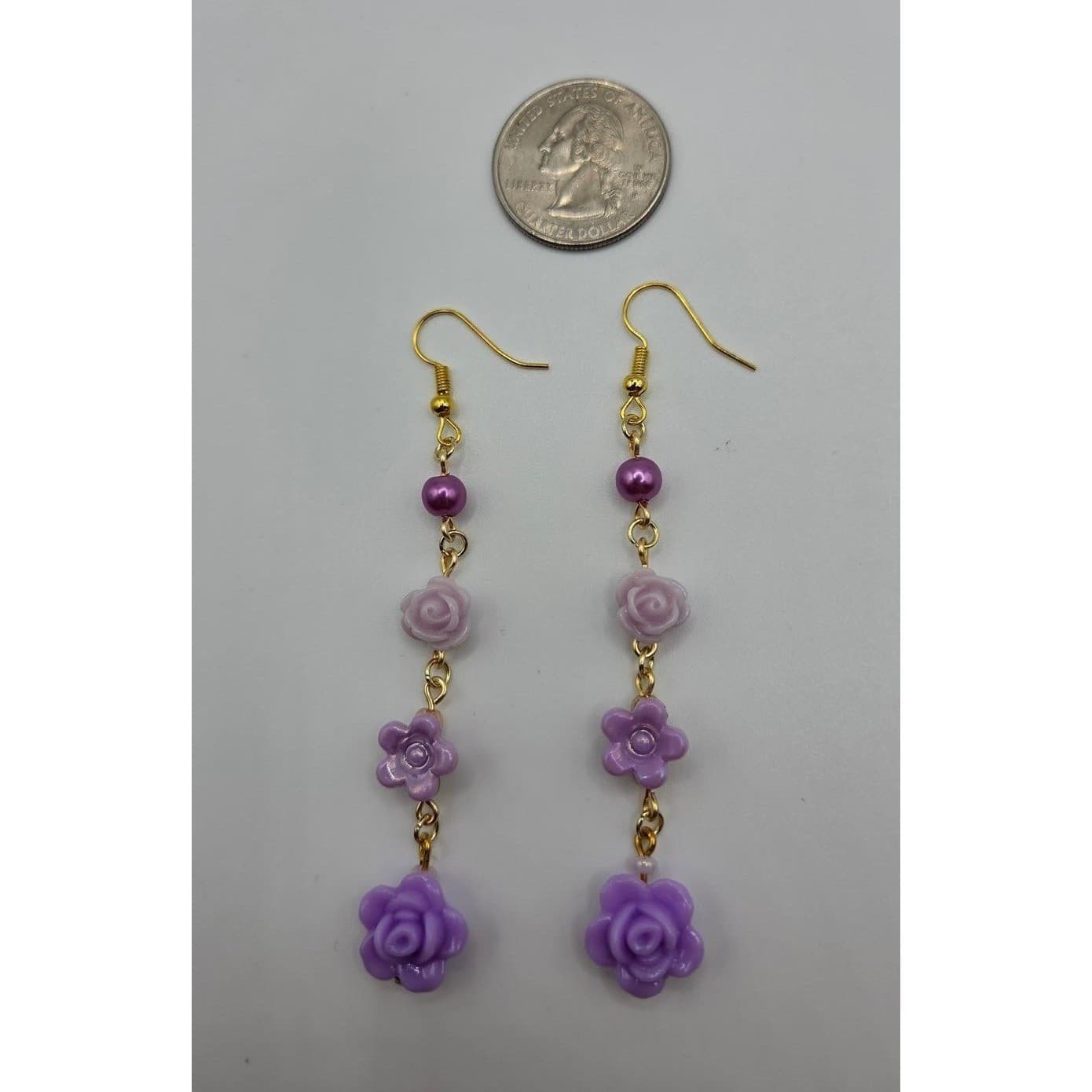 Handmade Drop Earrings Purple Floral Faux Pearl Gold Tone Hypoallergenic - Thumbnail 4