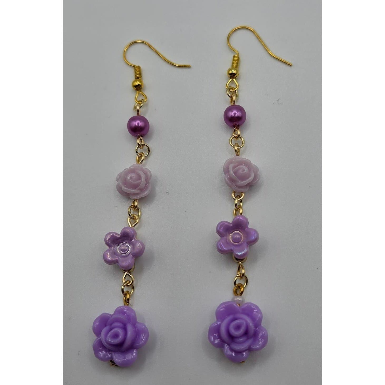 Handmade Drop Earrings Purple Floral Faux Pearl Gold Tone Hypoallergenic - Thumbnail 2