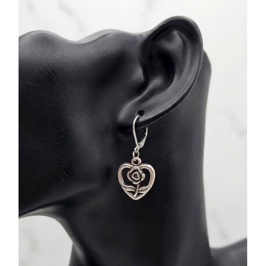 Handmade Earrings Silver Tone Romantic Heart Rose Leverback Hypoallergenic - Thumbnail 9