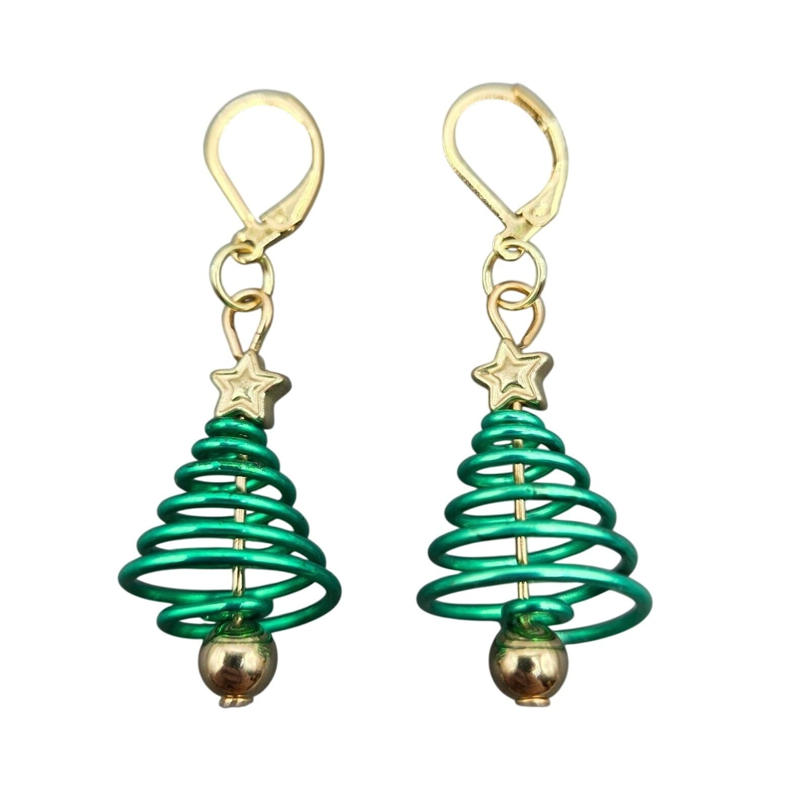 Handmade Earrings Green Wire Star Christmas Tree Lever Back Holiday Jewelry - Thumbnail 4