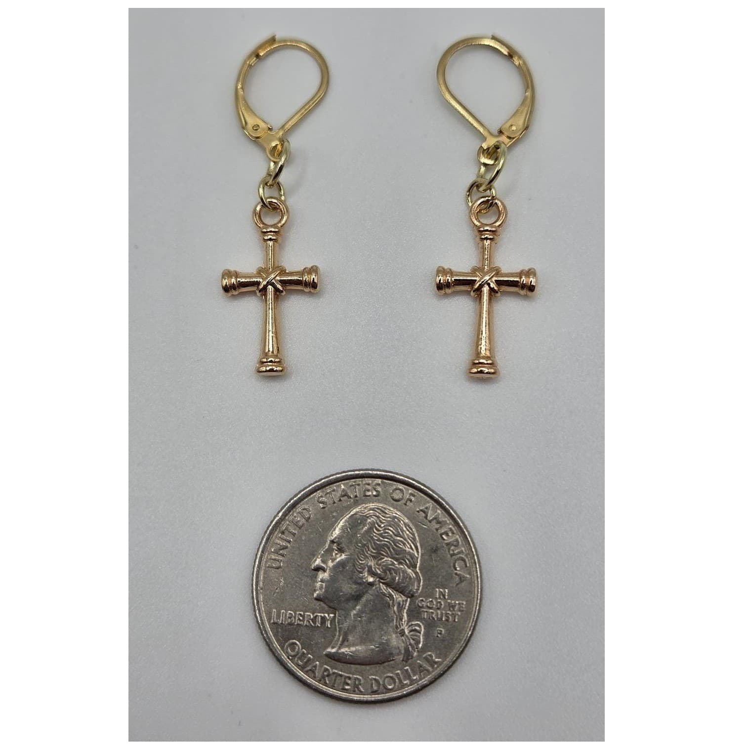Handmade Earrings Gold Toned Cross Leverback Hypoallergenic # - Thumbnail 4