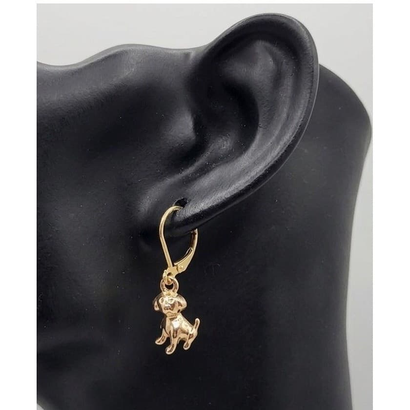 Handmade Earrings Gold Toned Cute Puppy Dog Leverback Hypoallergenic Whimsical - Thumbnail 2
