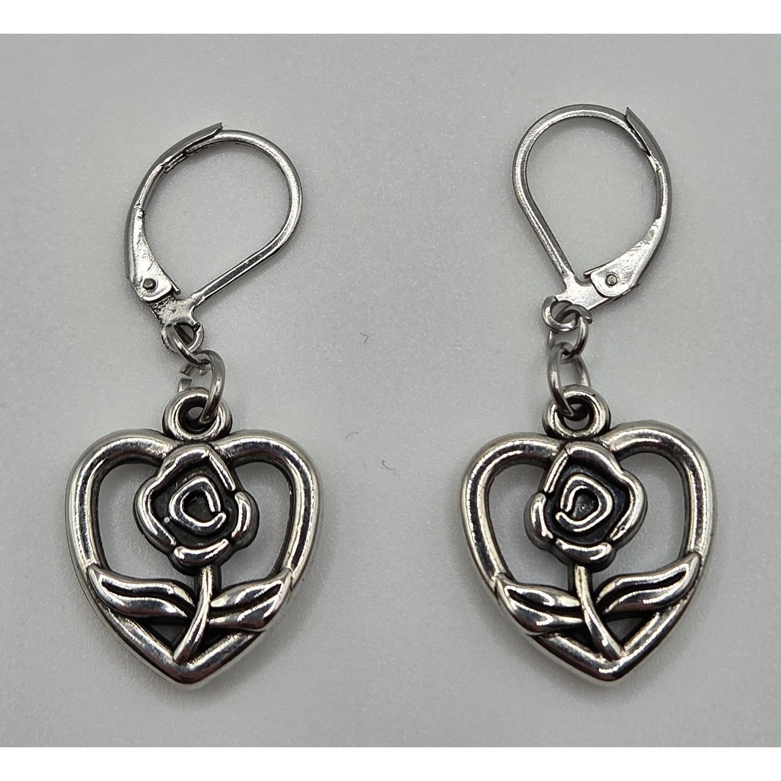 Handmade Earrings Silver Tone Romantic Heart Rose Leverback Hypoallergenic - Thumbnail 8