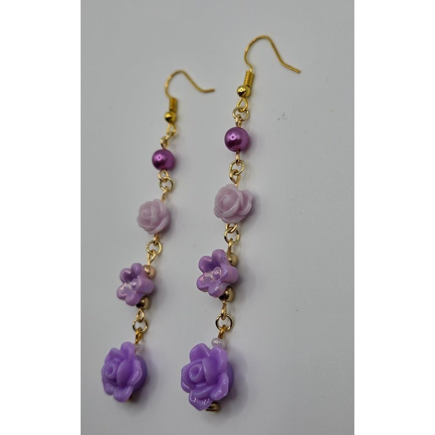 Handmade Drop Earrings Purple Floral Faux Pearl Gold Tone Hypoallergenic - Thumbnail 6