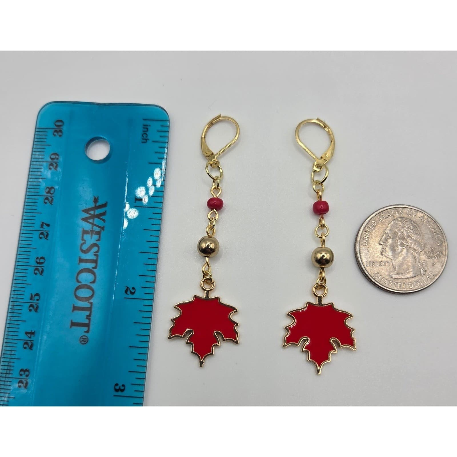 Handmade Earrings Red Enamel Maple Leaf Gold Tone Fall Jewelry autumn whimsical - Thumbnail 4