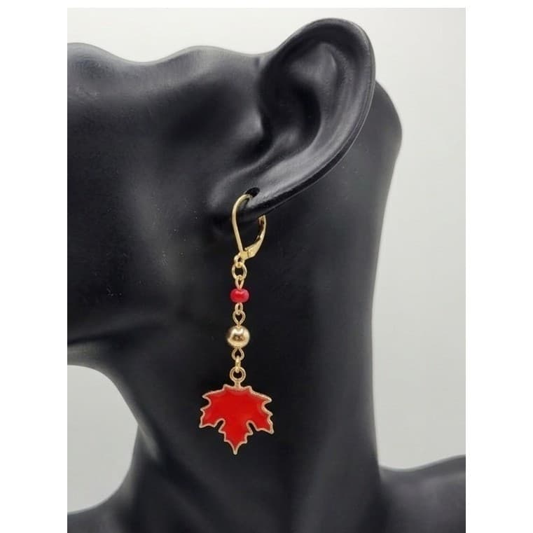 Handmade Earrings Red Enamel Maple Leaf Gold Tone Fall Jewelry autumn whimsical - Thumbnail 2