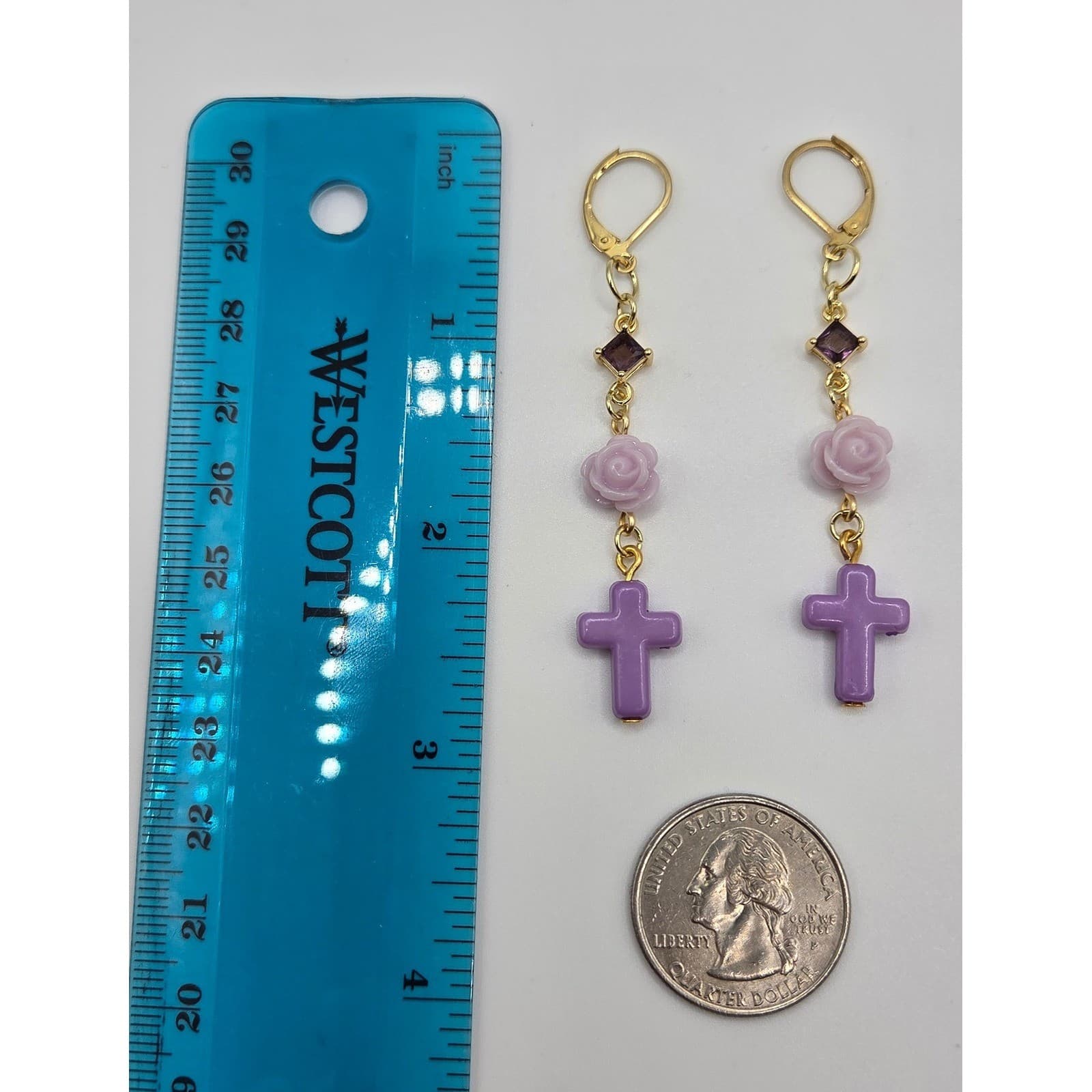 Handmade Earrings Gold Toned Purple Rose Cross Faux Gemstone Leverback Romantic - Thumbnail 7
