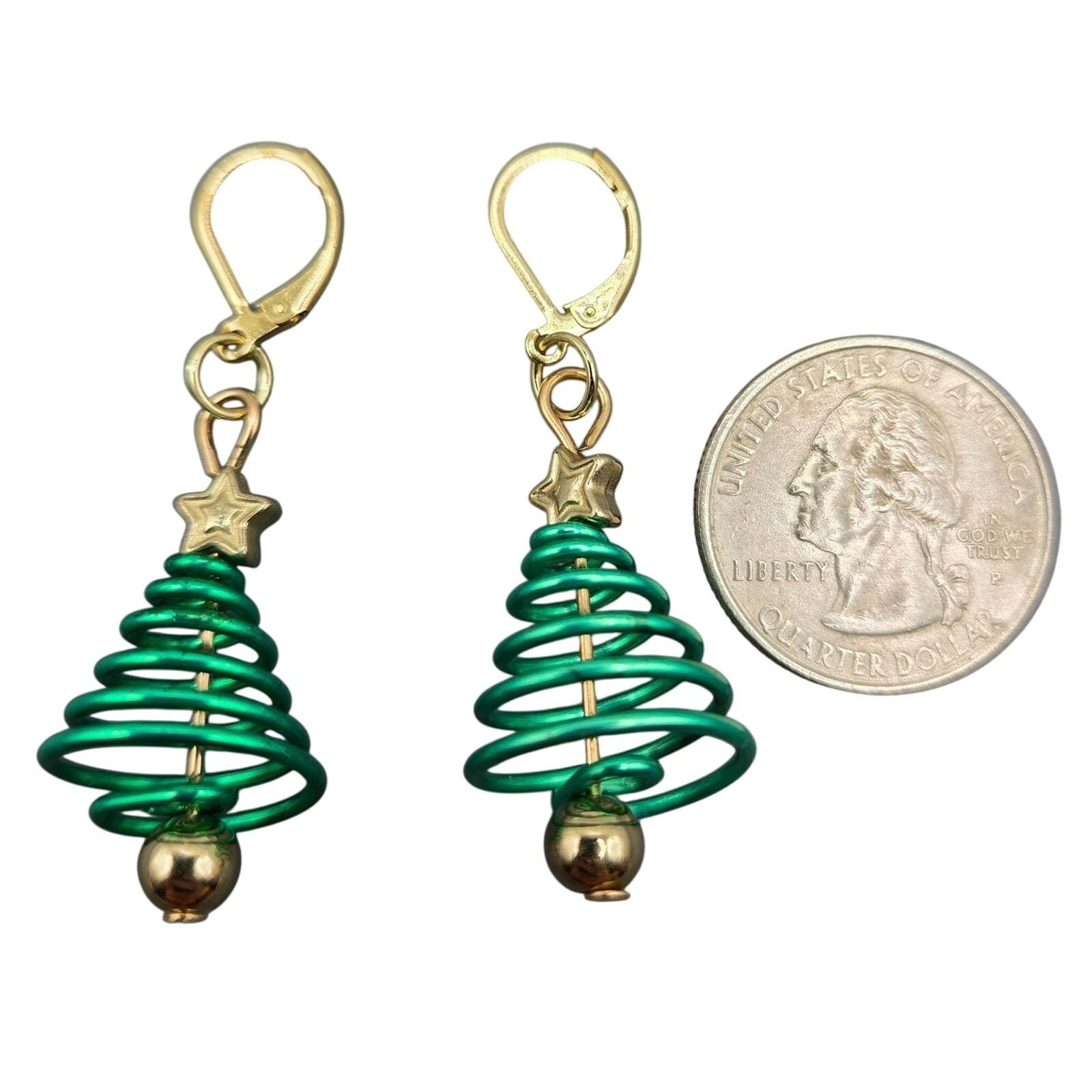 Handmade Earrings Green Wire Star Christmas Tree Lever Back Holiday Jewelry - Thumbnail 6
