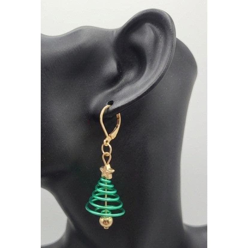 Handmade Earrings Green Wire Star Christmas Tree Lever Back Holiday Jewelry - Thumbnail 2
