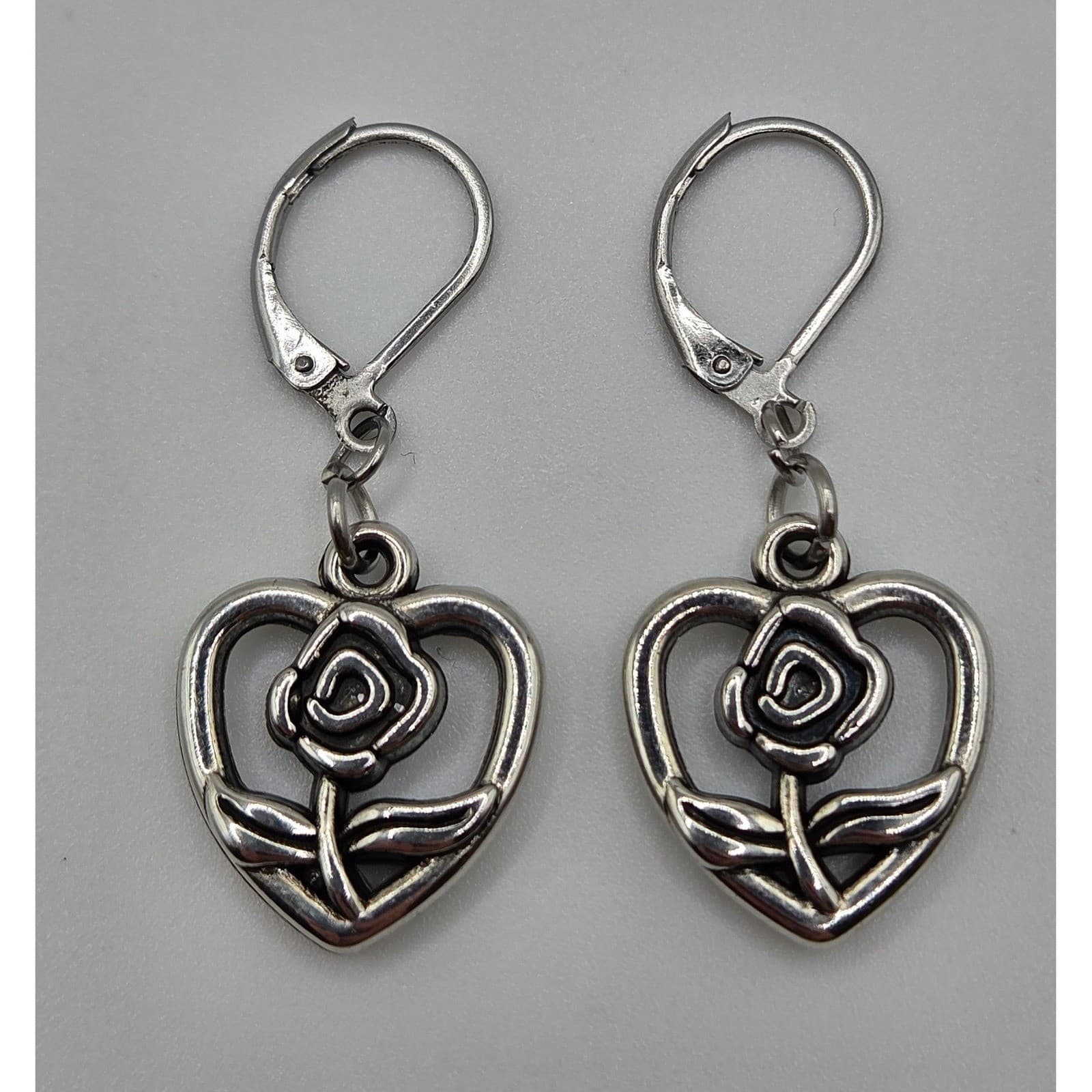 Handmade Earrings Silver Tone Romantic Heart Rose Leverback Hypoallergenic - Thumbnail 4