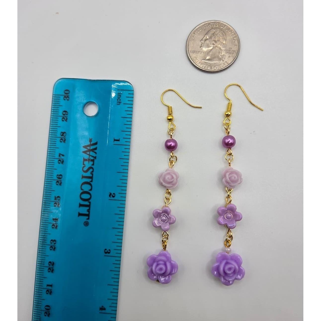 Handmade Drop Earrings Purple Floral Faux Pearl Gold Tone Hypoallergenic - Thumbnail 5