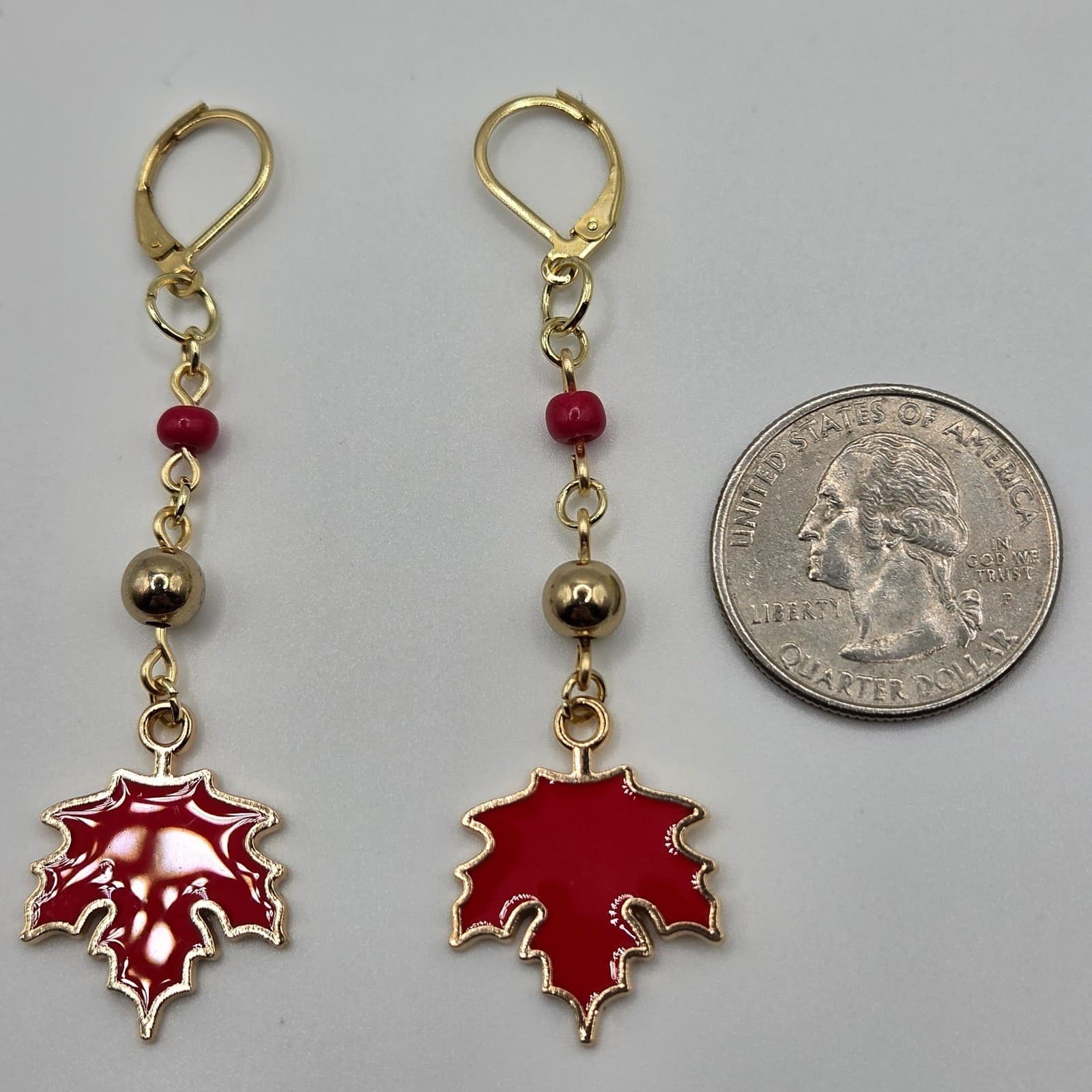 Handmade Earrings Red Enamel Maple Leaf Gold Tone Fall Jewelry autumn whimsical - Thumbnail 6