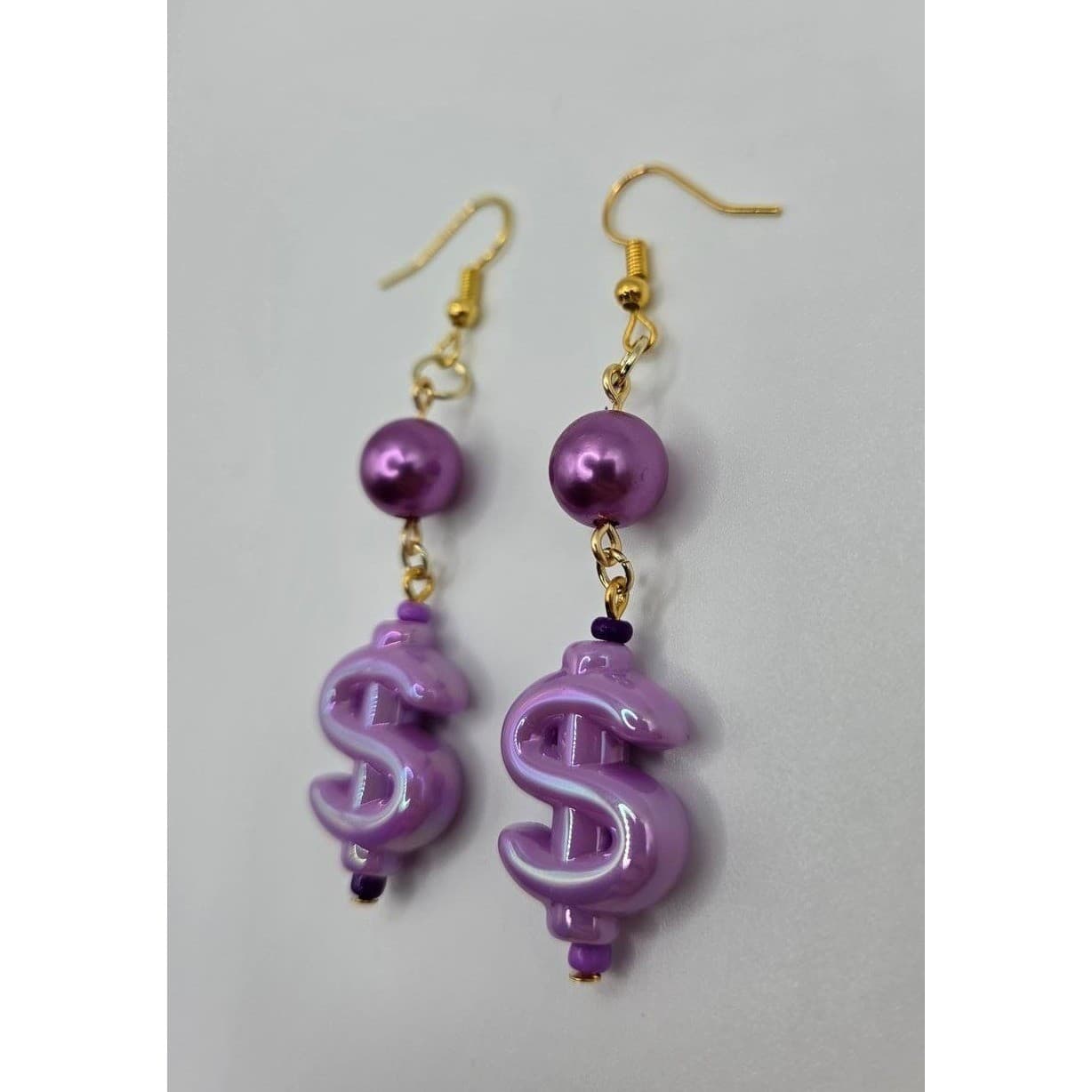 Handmade Earrings Purple Faux Pearl Money Sign Weird Drop Dangle Hypoallergenic - Thumbnail 3