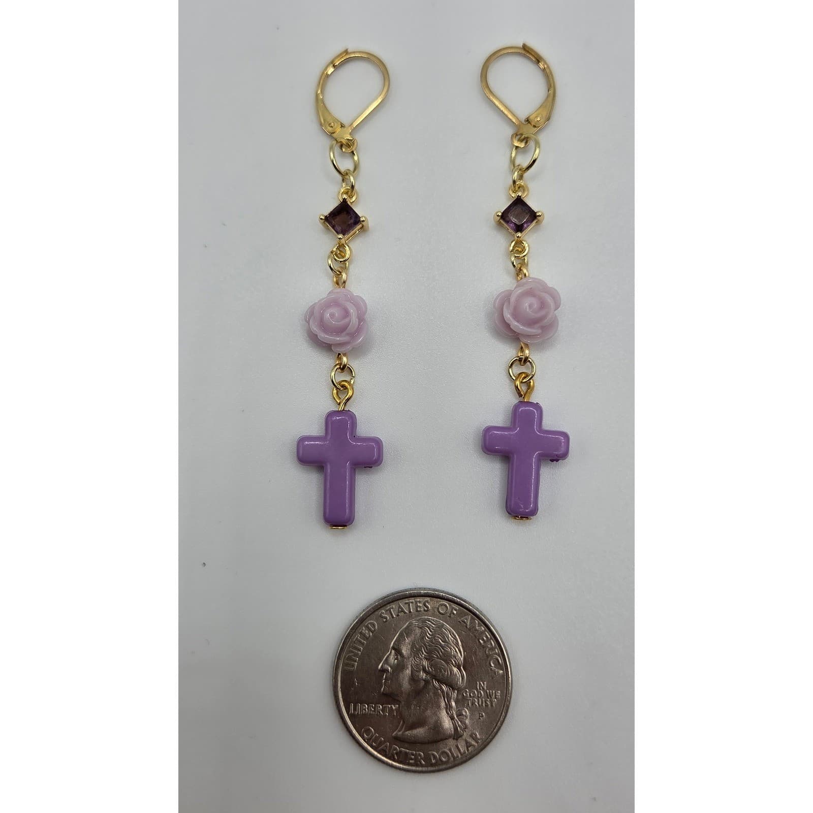 Handmade Earrings Gold Toned Purple Rose Cross Faux Gemstone Leverback Romantic - Thumbnail 9