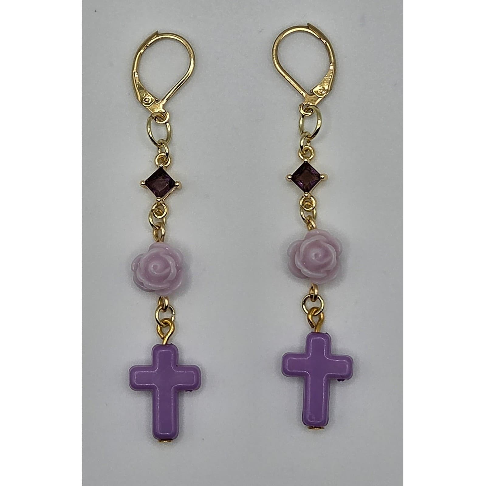 Handmade Earrings Gold Toned Purple Rose Cross Faux Gemstone Leverback Romantic - Thumbnail 4