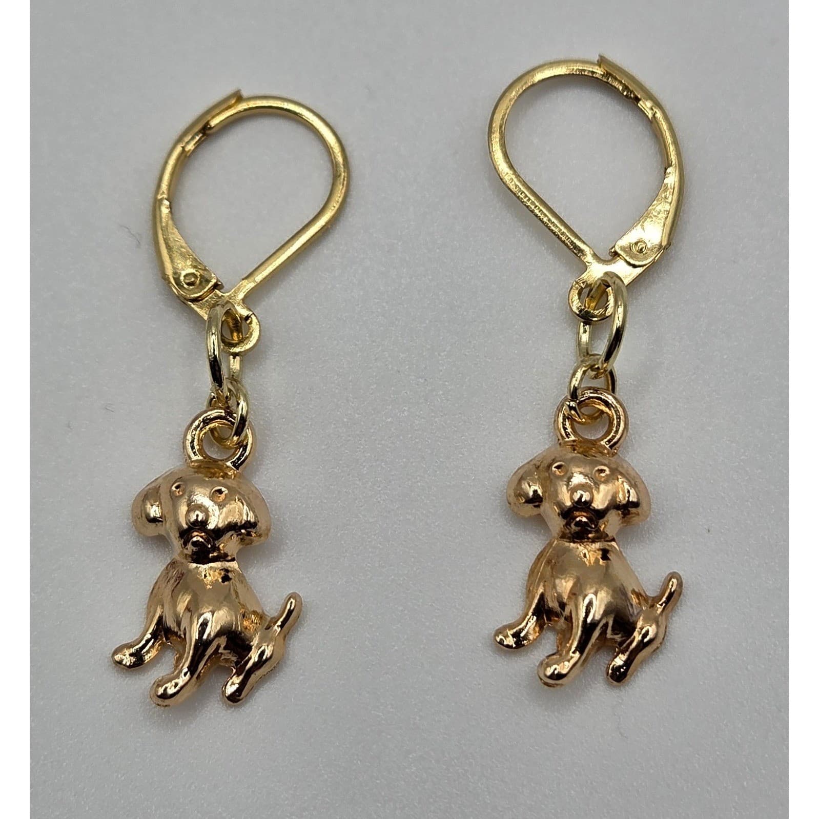 Handmade Earrings Gold Toned Cute Puppy Dog Leverback Hypoallergenic Whimsical - Thumbnail 3