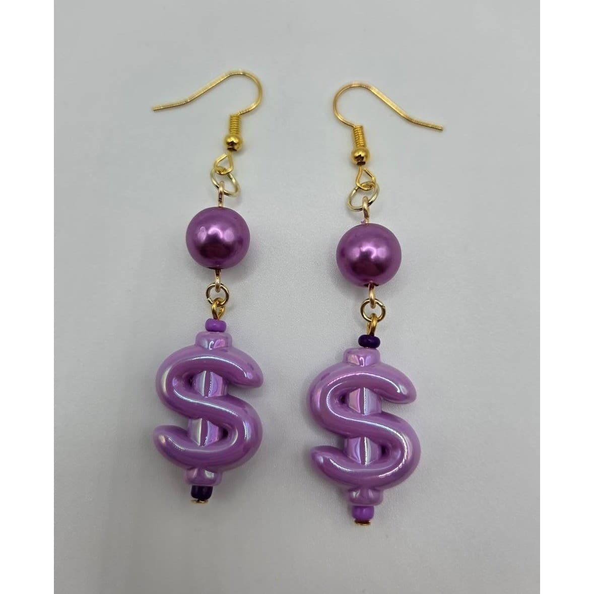 Handmade Earrings Purple Faux Pearl Money Sign Weird Drop Dangle Hypoallergenic - Thumbnail 5