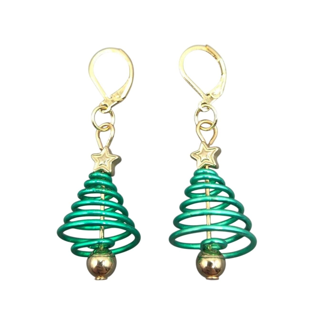 Handmade Earrings Green Wire Star Christmas Tree Lever Back Holiday Jewelry - Thumbnail 8