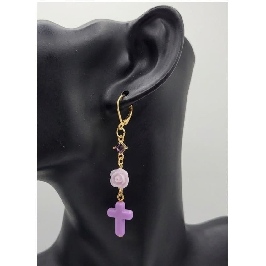 Handmade Earrings Gold Toned Purple Rose Cross Faux Gemstone Leverback Romantic - Thumbnail 3