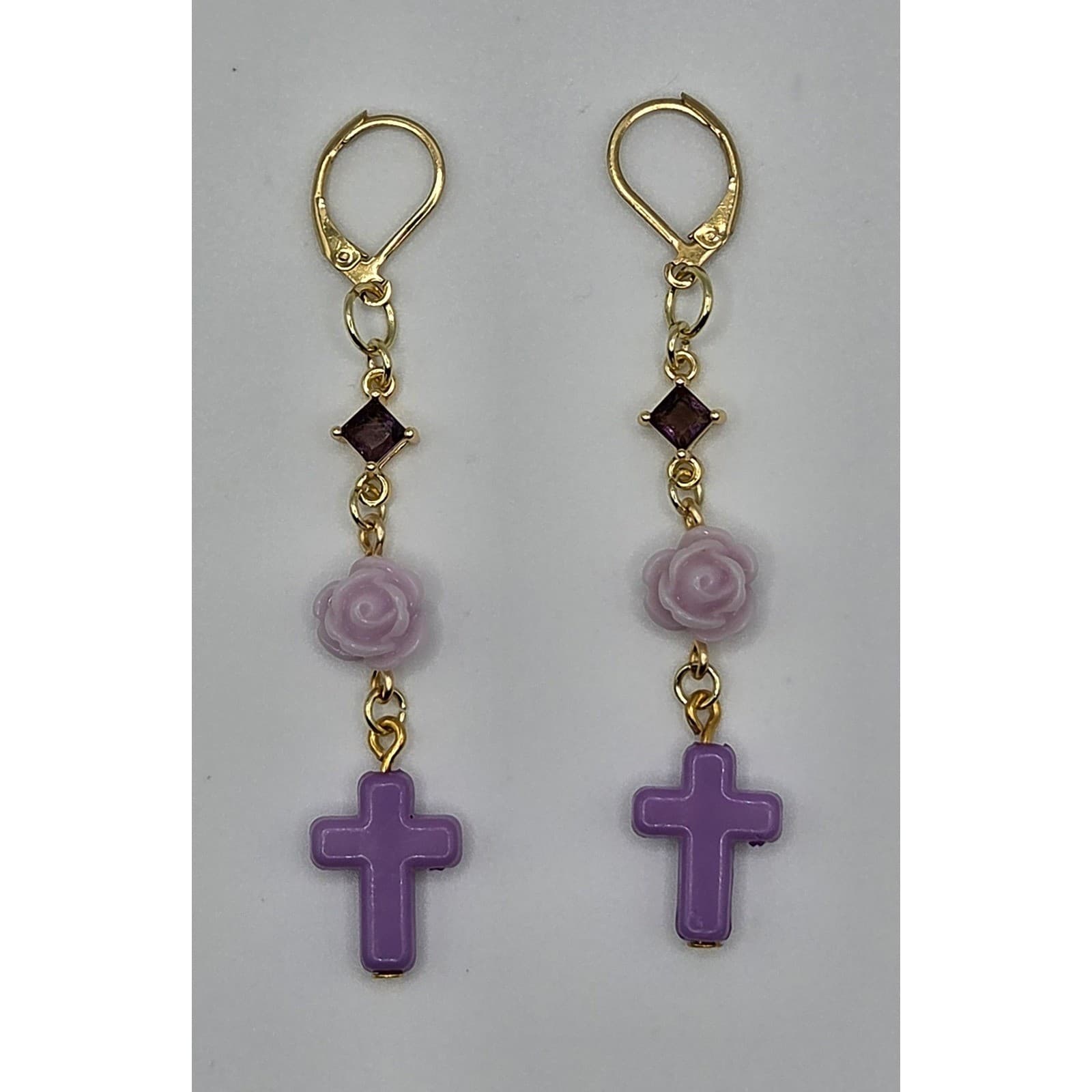 Handmade Earrings Gold Toned Purple Rose Cross Faux Gemstone Leverback Romantic - Thumbnail 6