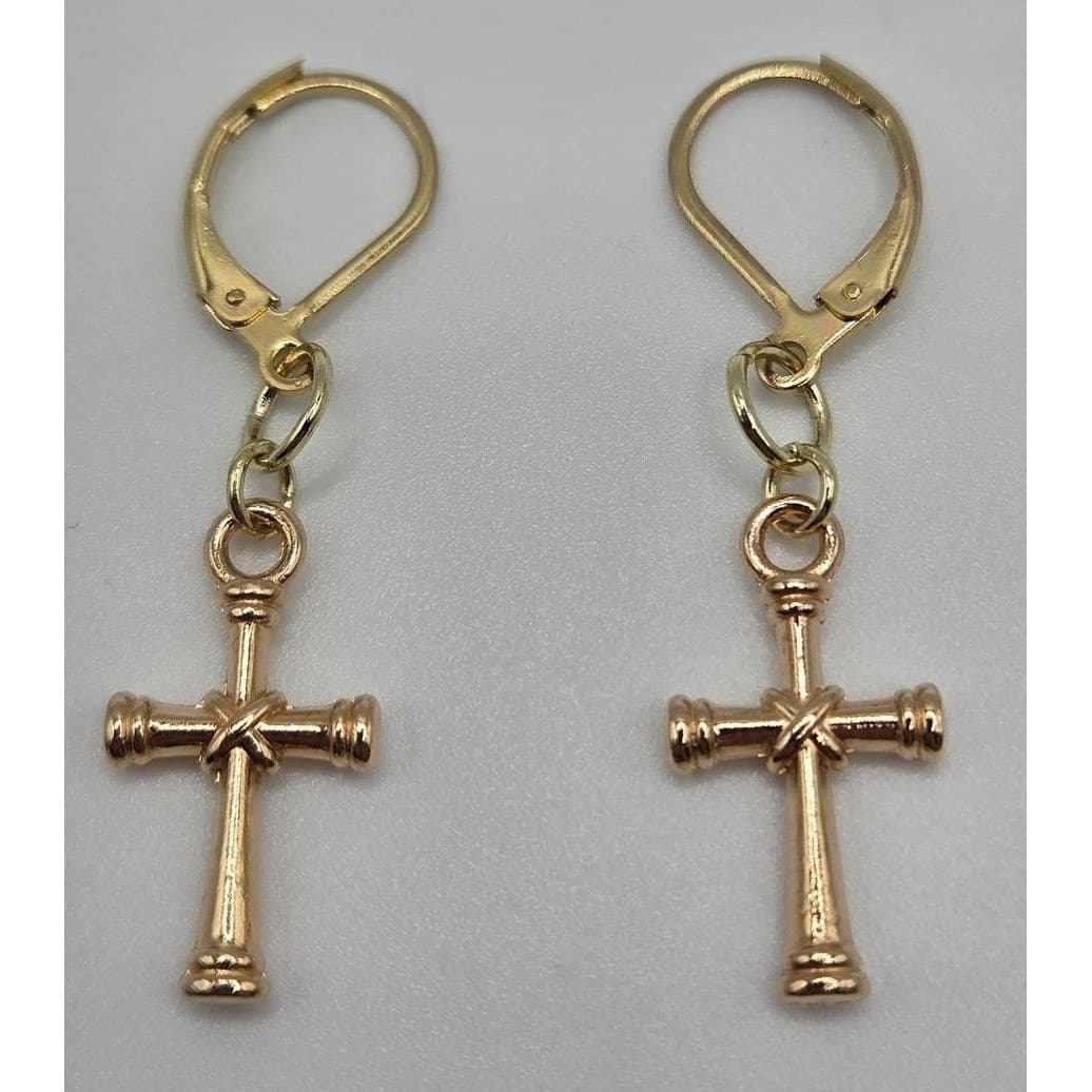 Handmade Earrings Gold Toned Cross Leverback Hypoallergenic # - Thumbnail 3