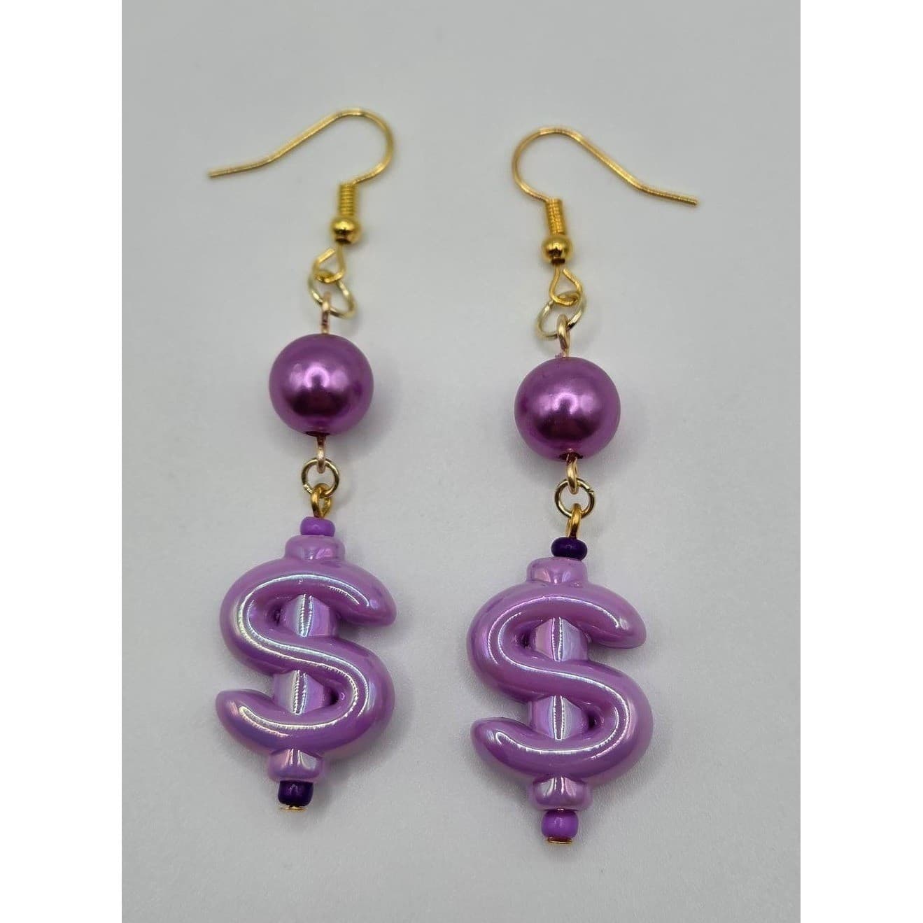 Handmade Earrings Purple Faux Pearl Money Sign Weird Drop Dangle Hypoallergenic - Thumbnail 9