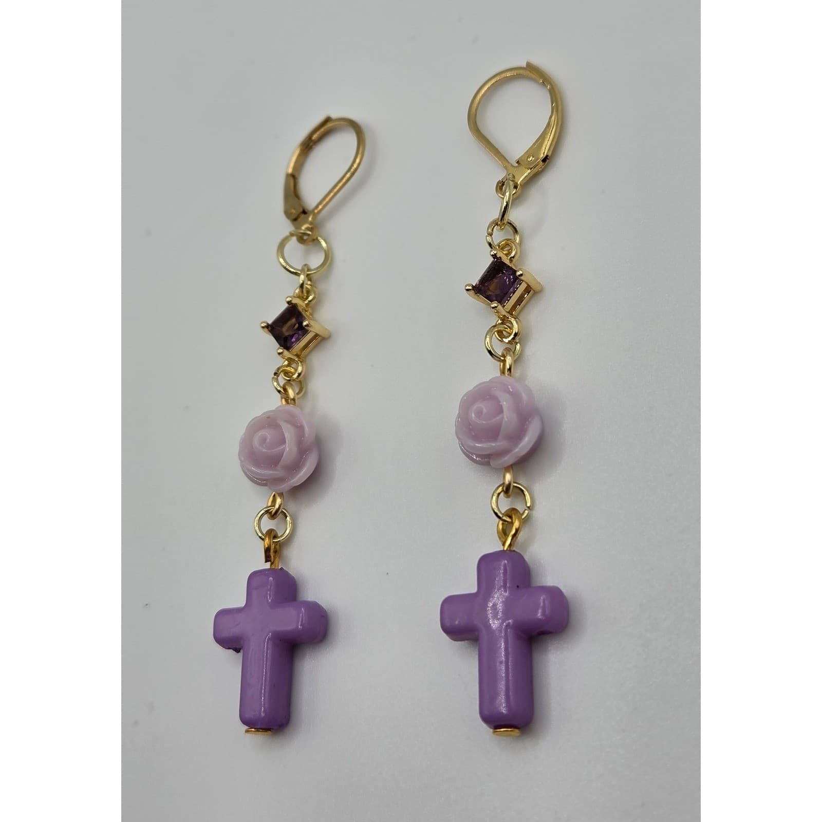 Handmade Earrings Gold Toned Purple Rose Cross Faux Gemstone Leverback Romantic - Thumbnail 10