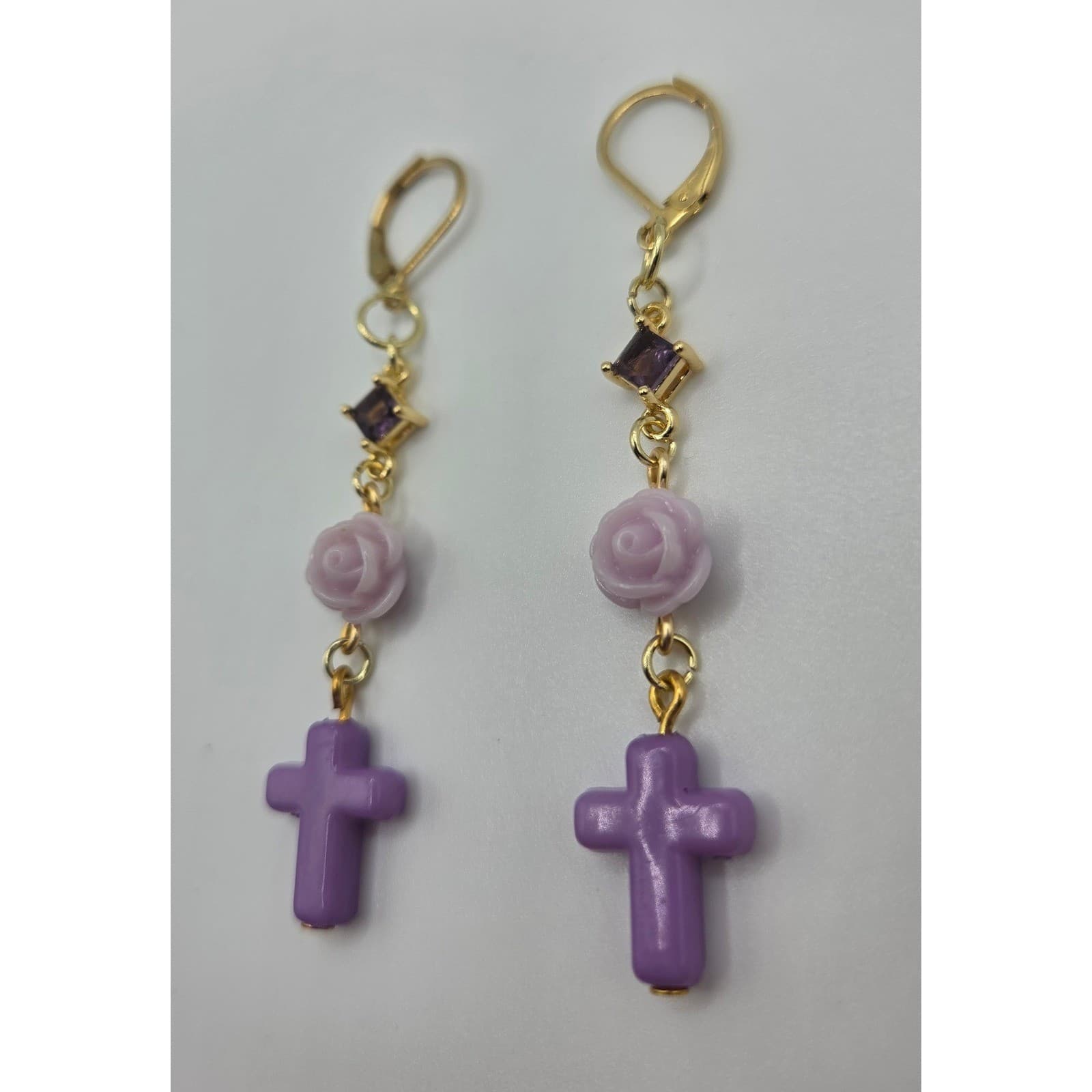 Handmade Earrings Gold Toned Purple Rose Cross Faux Gemstone Leverback Romantic - Thumbnail 8