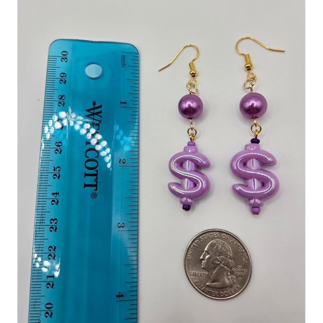 Handmade Earrings Purple Faux Pearl Money Sign Weird Drop Dangle Hypoallergenic - Thumbnail 6