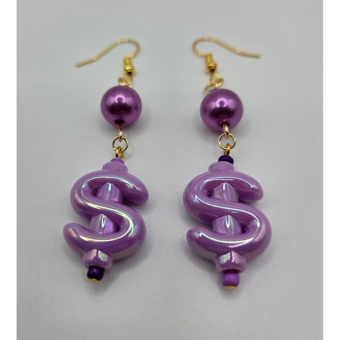 Handmade Earrings Purple Faux Pearl Money Sign Weird Drop Dangle Hypoallergenic - Thumbnail 7