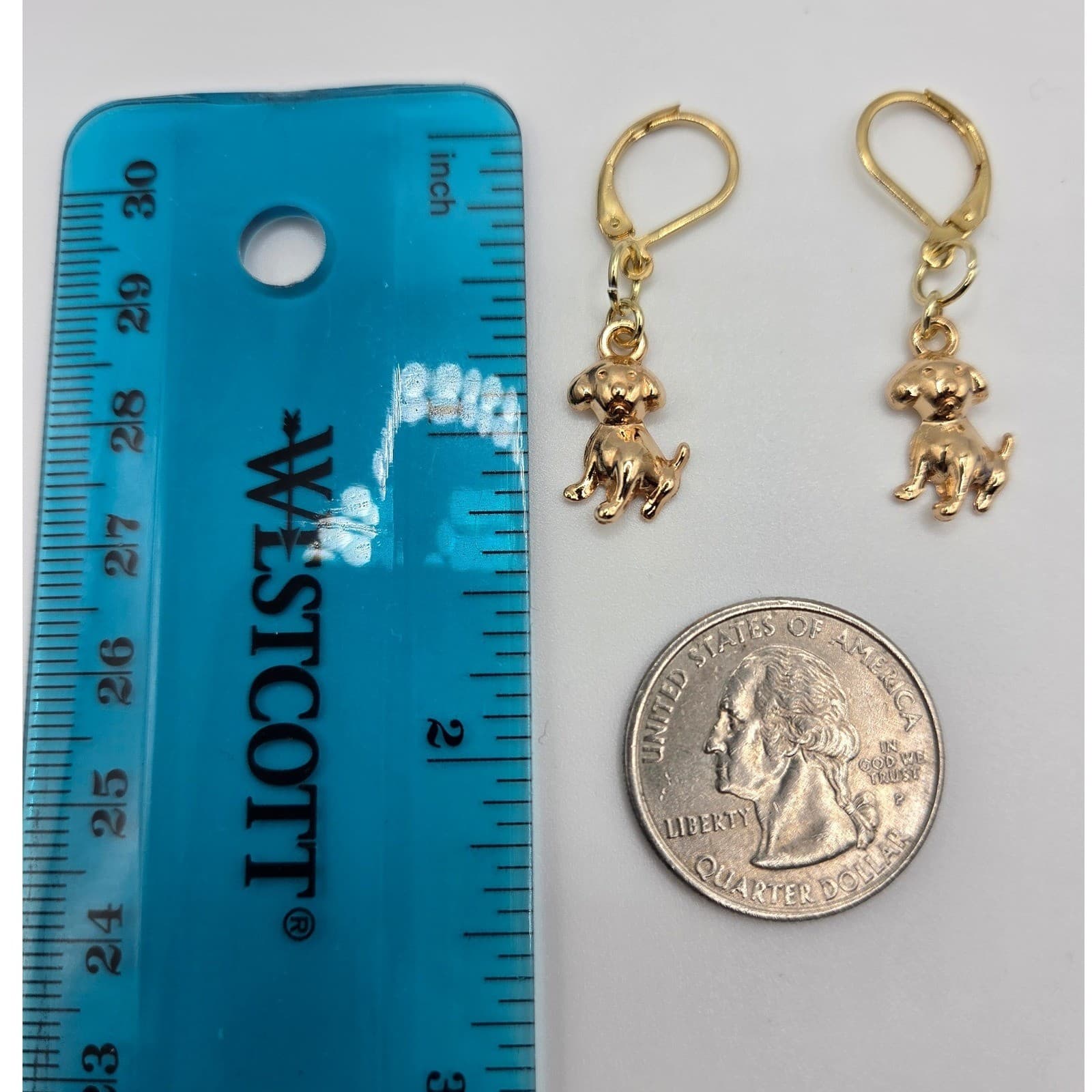 Handmade Earrings Gold Toned Cute Puppy Dog Leverback Hypoallergenic Whimsical - Thumbnail 4