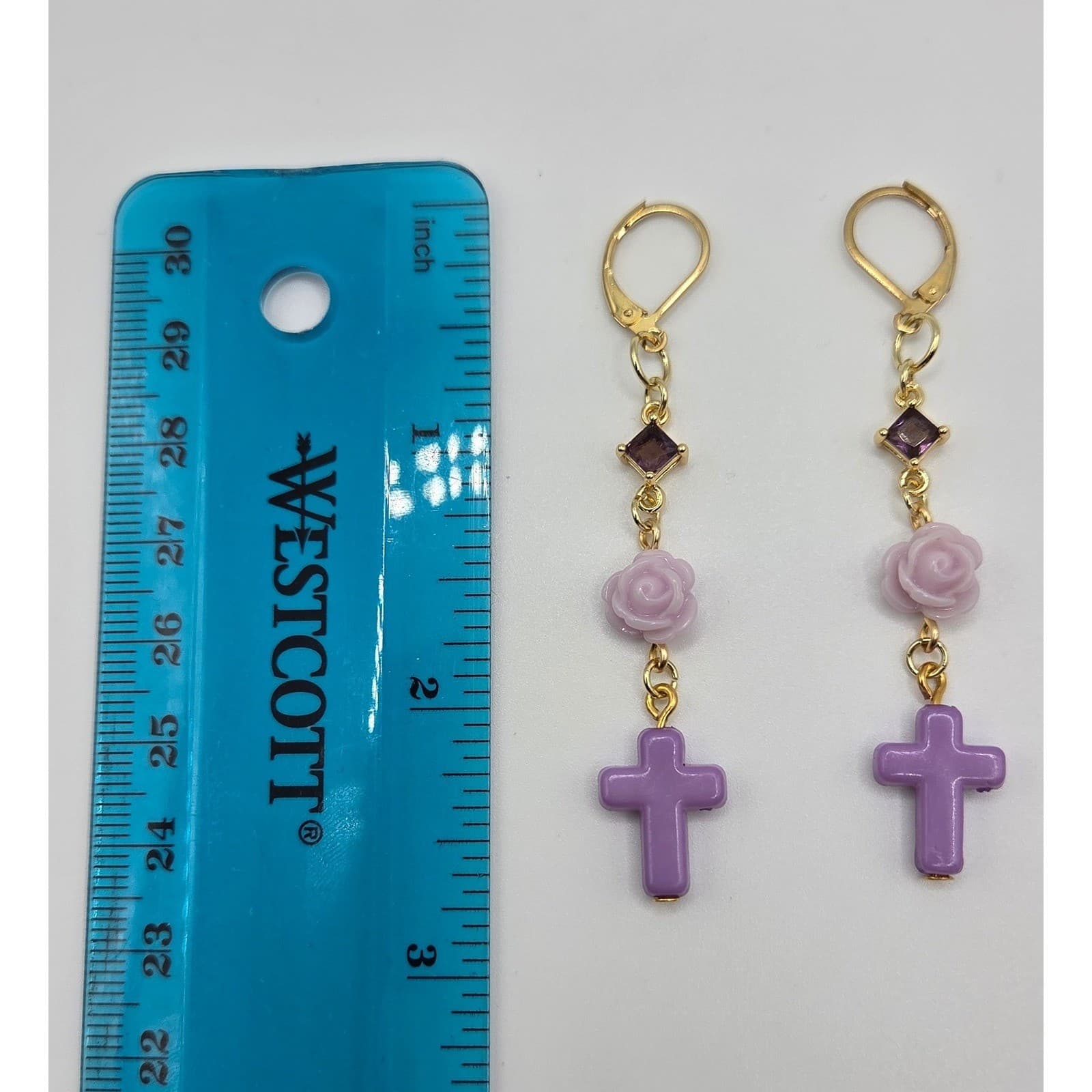 Handmade Earrings Gold Toned Purple Rose Cross Faux Gemstone Leverback Romantic - Thumbnail 5